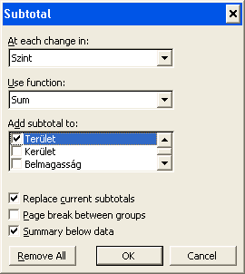 Data/Subtotals ablak